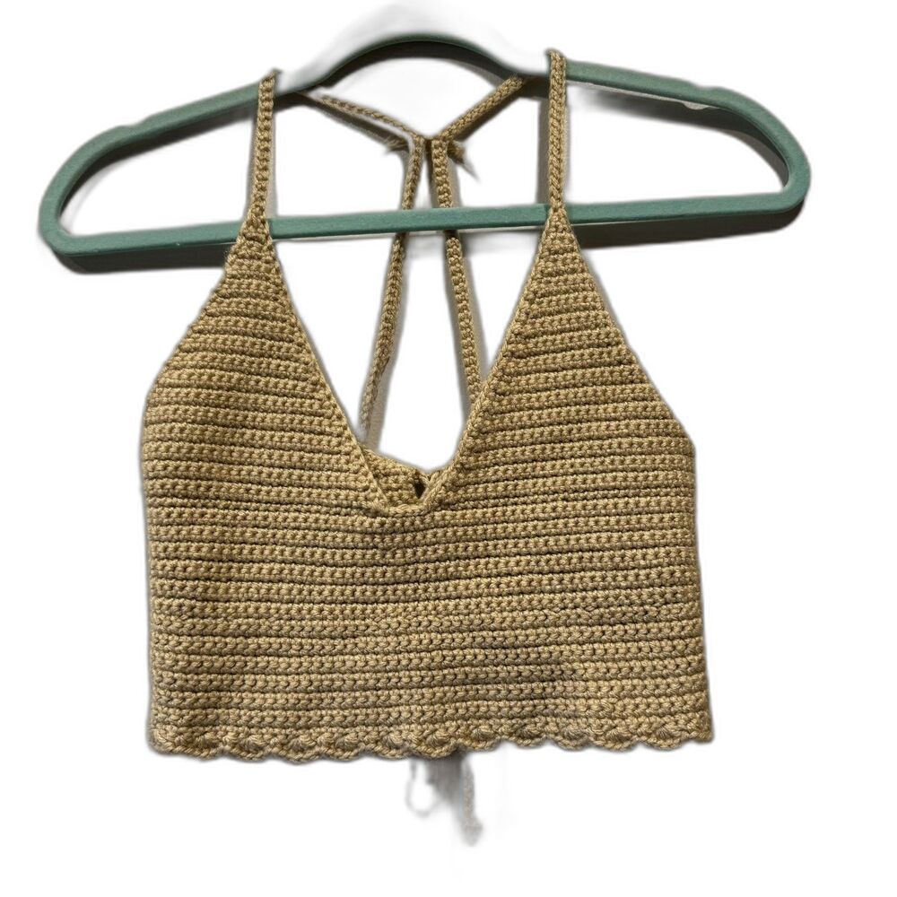 Handmade Crochet Crop Top Festival Tan Tie Back Scalloped Hem Women sz Small